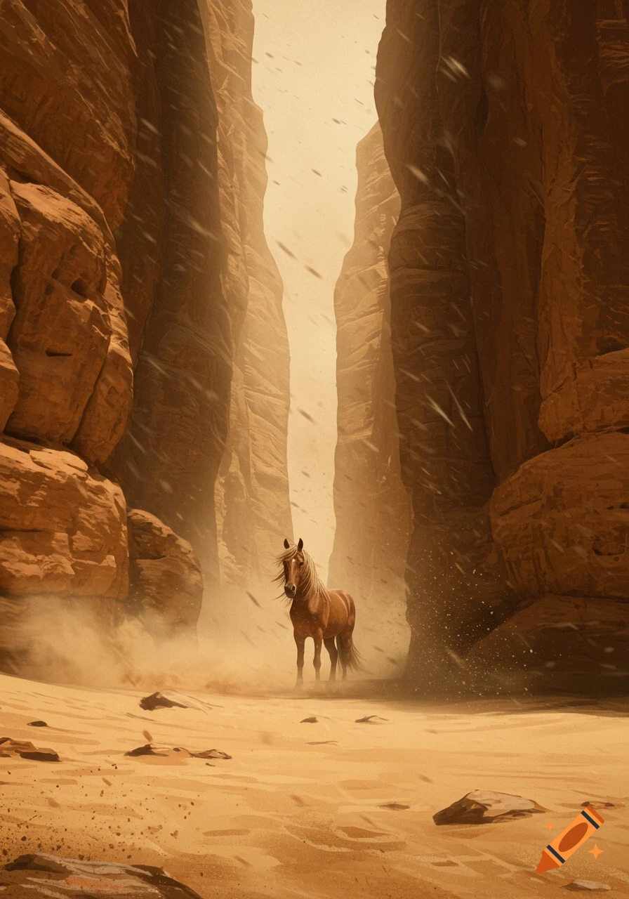A brown horse stands in a narrow, sandy canyon, engulfed in a swirling sandstorm.