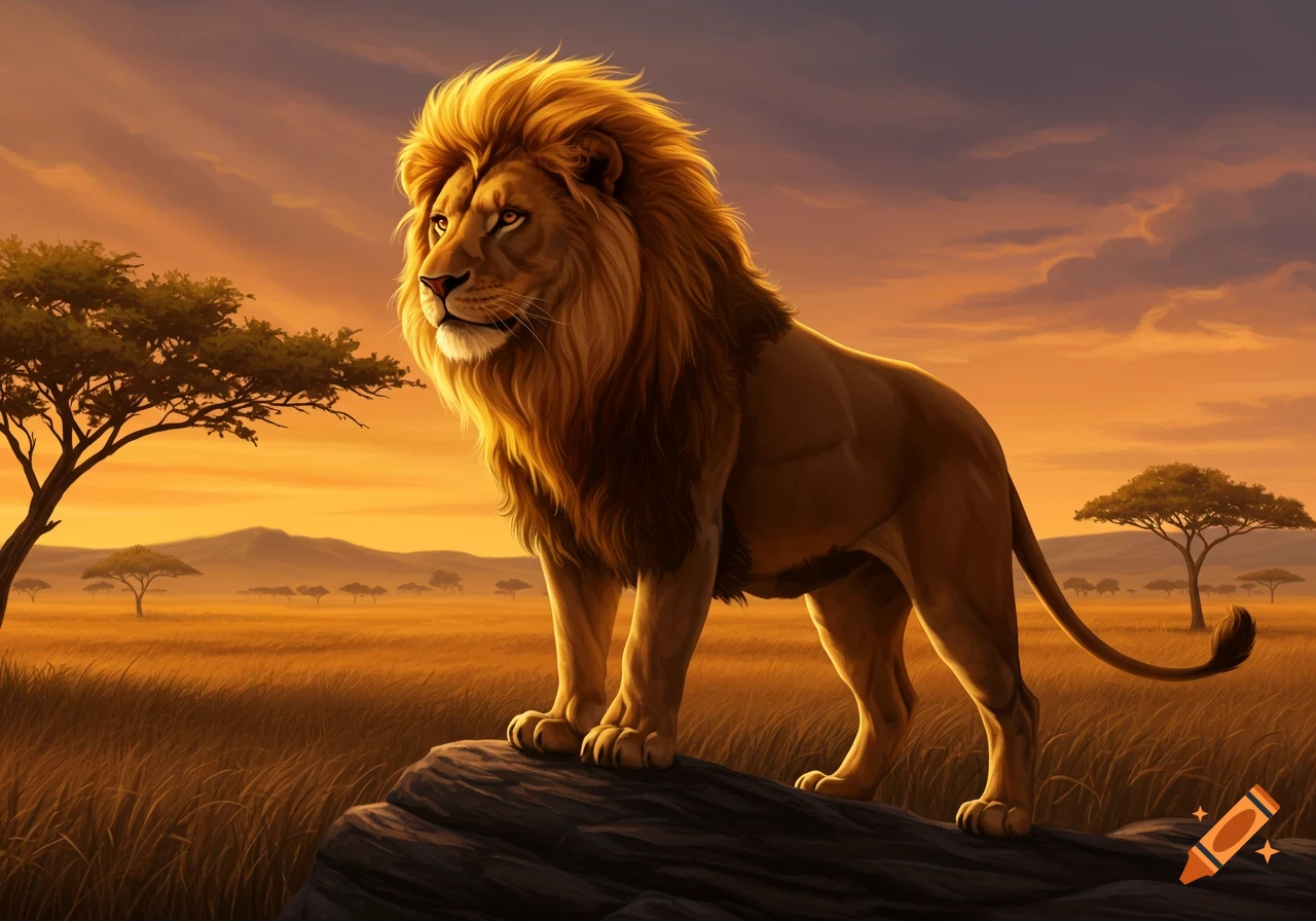 A majestic lion stands on a rock in a golden savanna at sunset, illuminated by warm light.