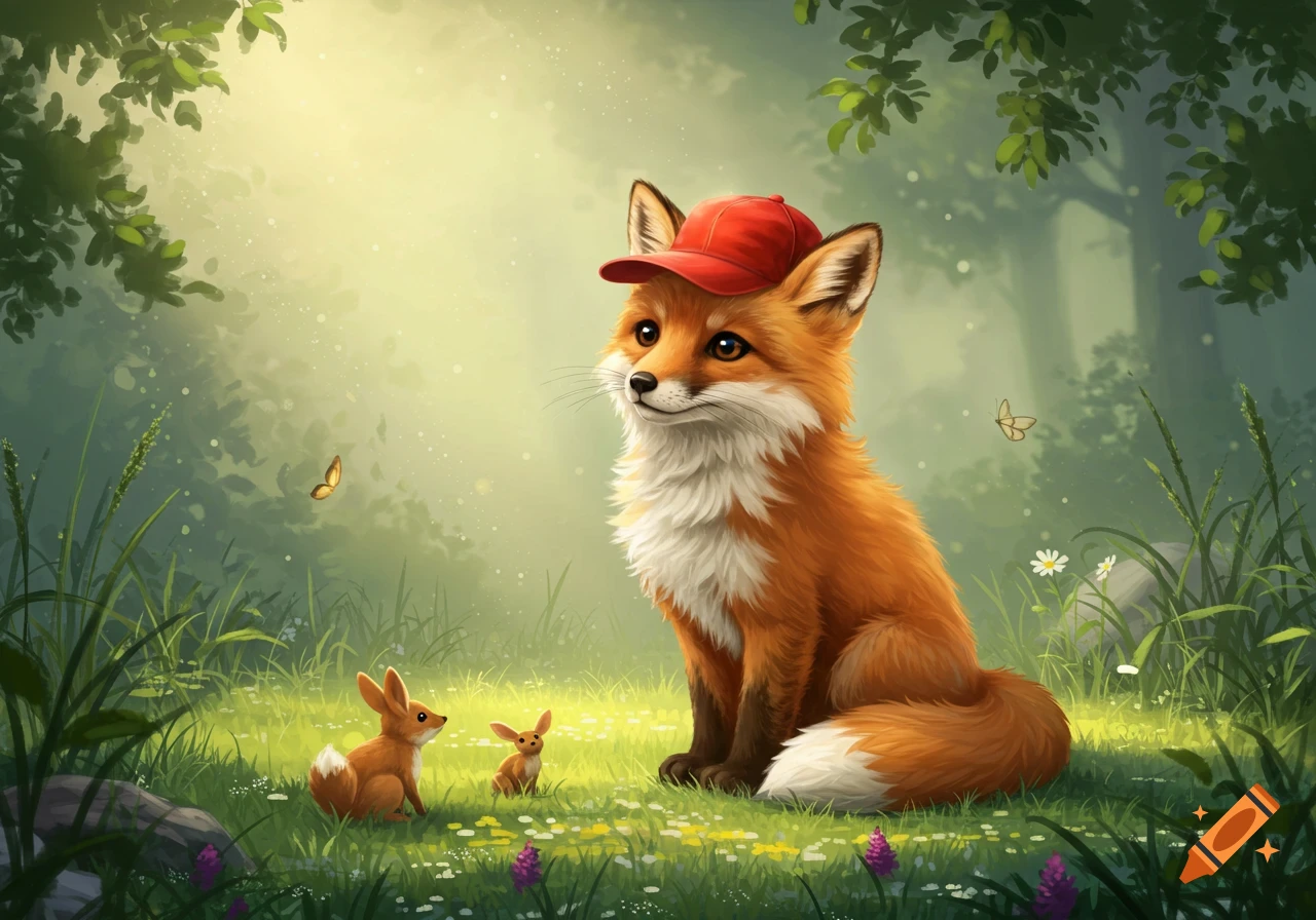 A cute orange fox in a red baseball cap sits in a sunny green forest clearing with two small brown rabbits and butterflies. Digital art.
