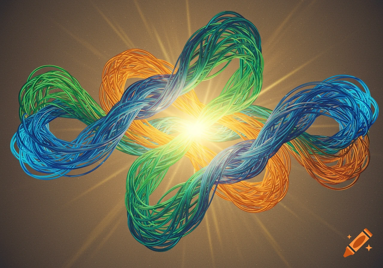 Colorful interwoven strands, including green, blue, and orange, form a complex knot with a bright light at the center against a golden background.