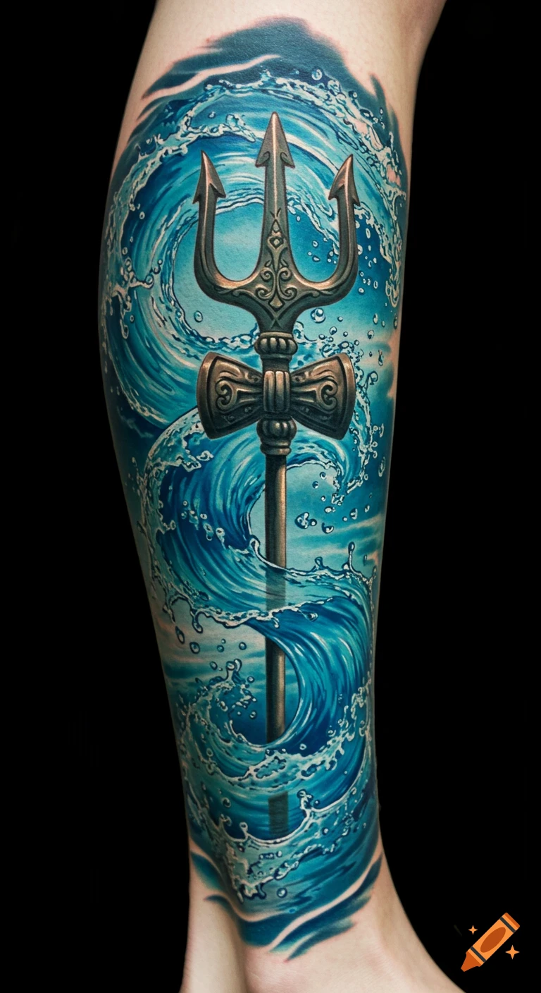 Photorealistic tattoo on a calf featuring a bronze trident amidst swirling blue ocean waves.