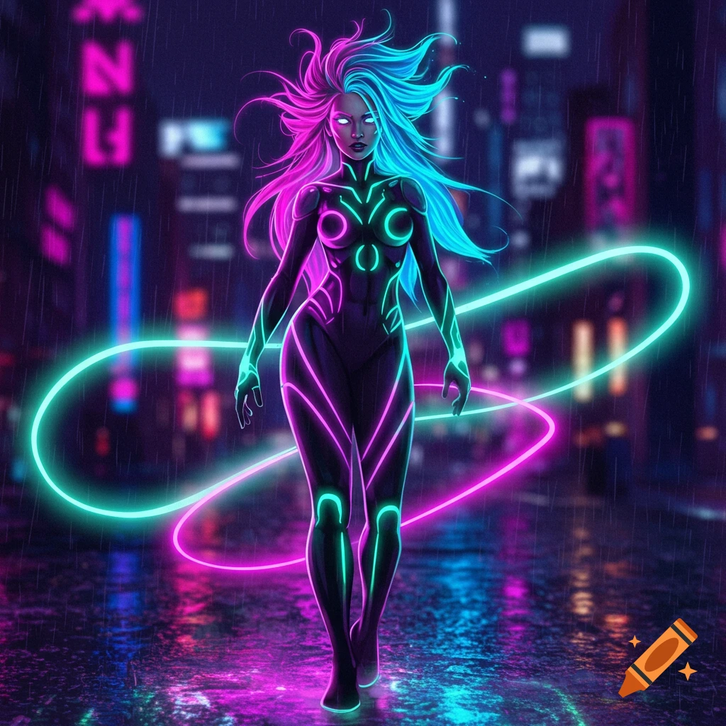 A futuristic woman with glowing pink and blue hair and a neon-lined suit walks through a rainy, neon-lit cyberpunk city.