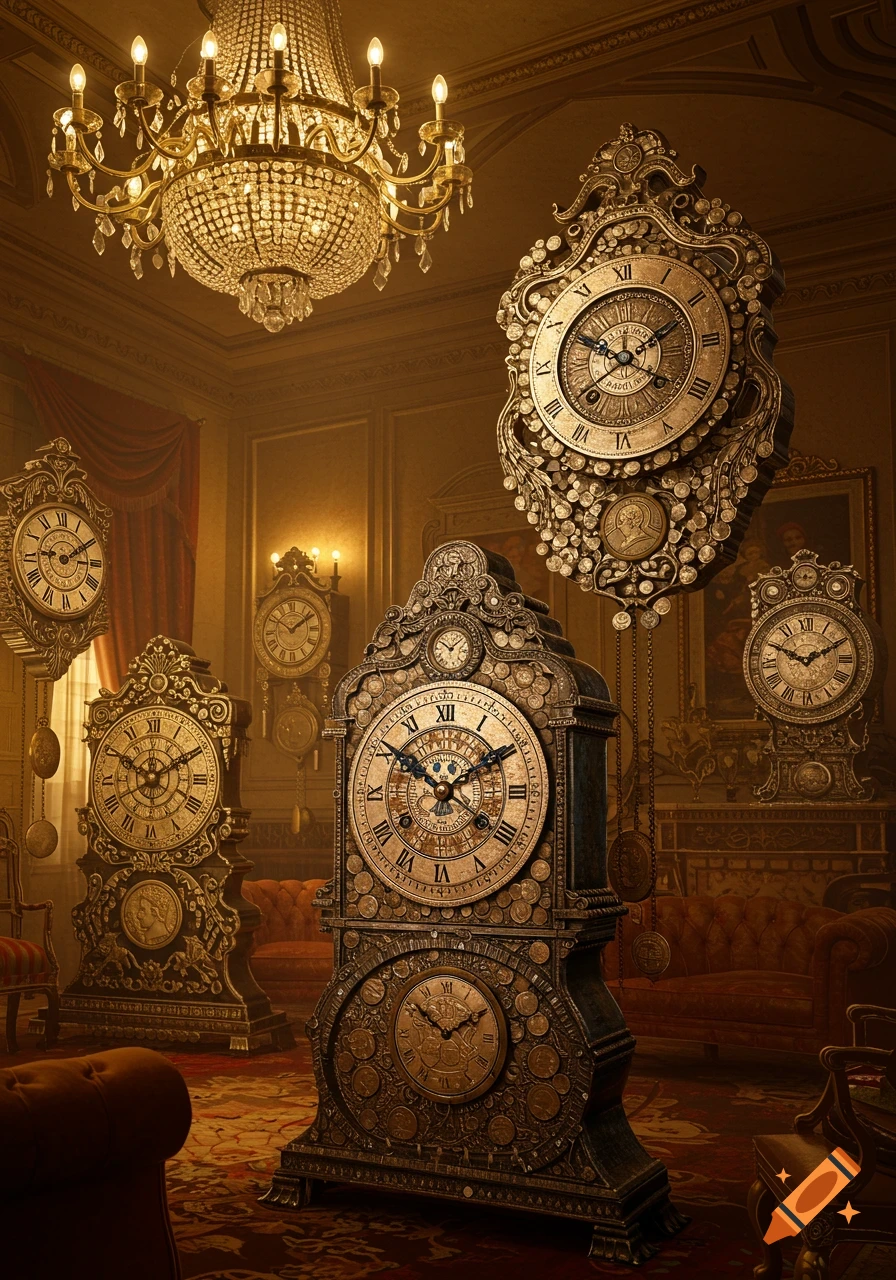 Ornate golden clocks embellished with coin-like details fill a grand, dimly lit room with a chandelier.