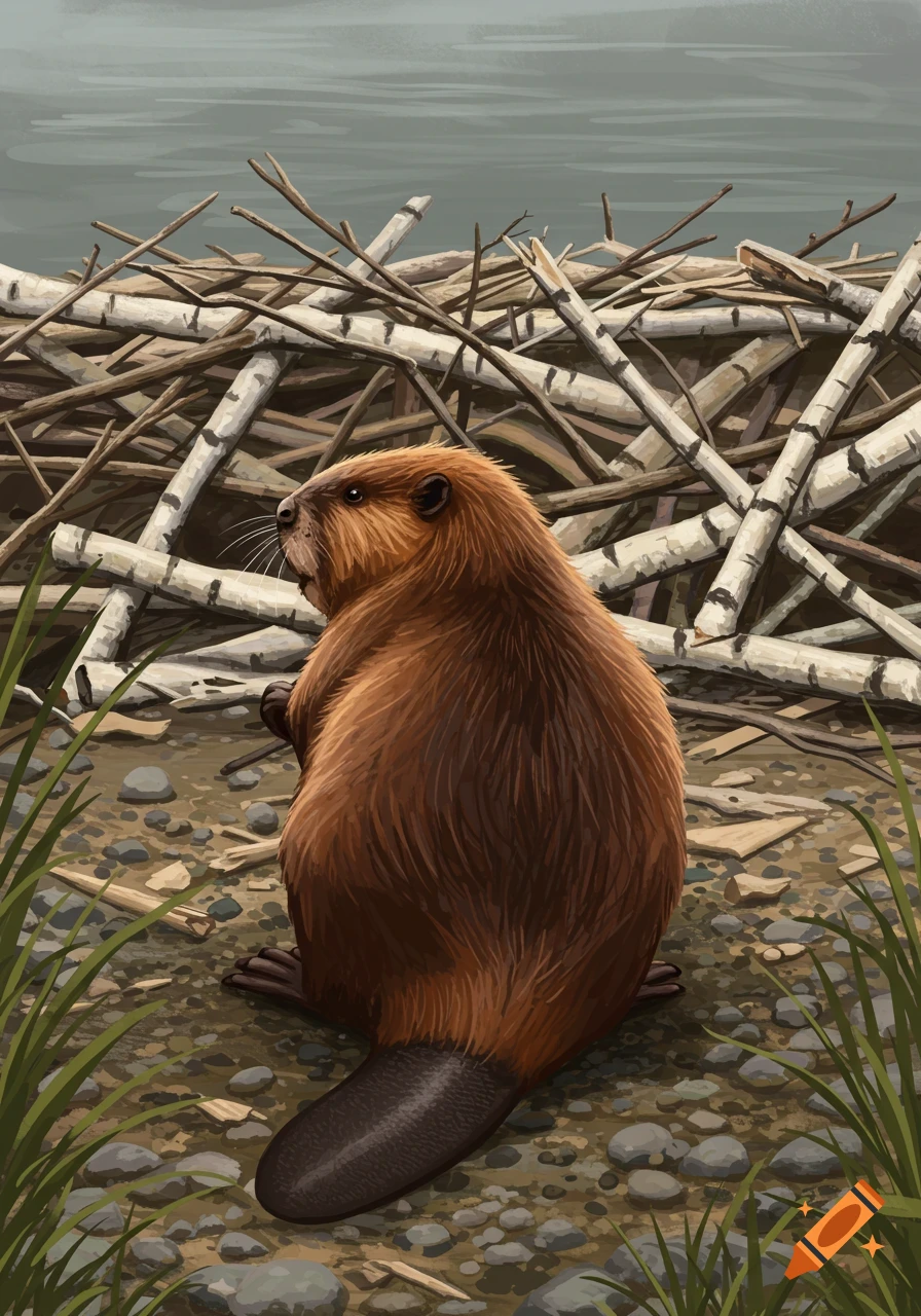 An illustration of a brown beaver sitting in front of a birch dam, looking over its shoulder.