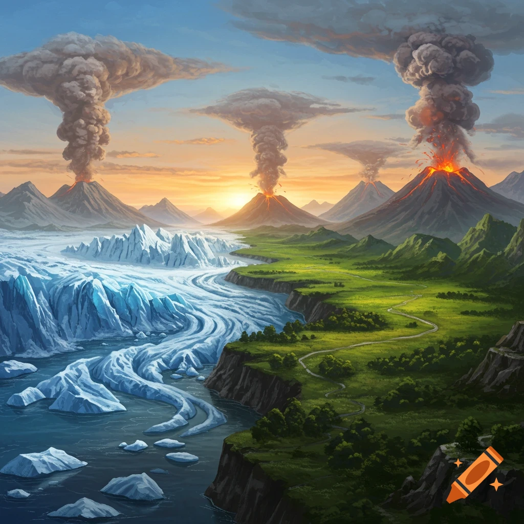 Illustrative landscape depicting Earth's climate evolution with glaciers, green land, erupting volcanoes, and a dramatic sky at sunset.