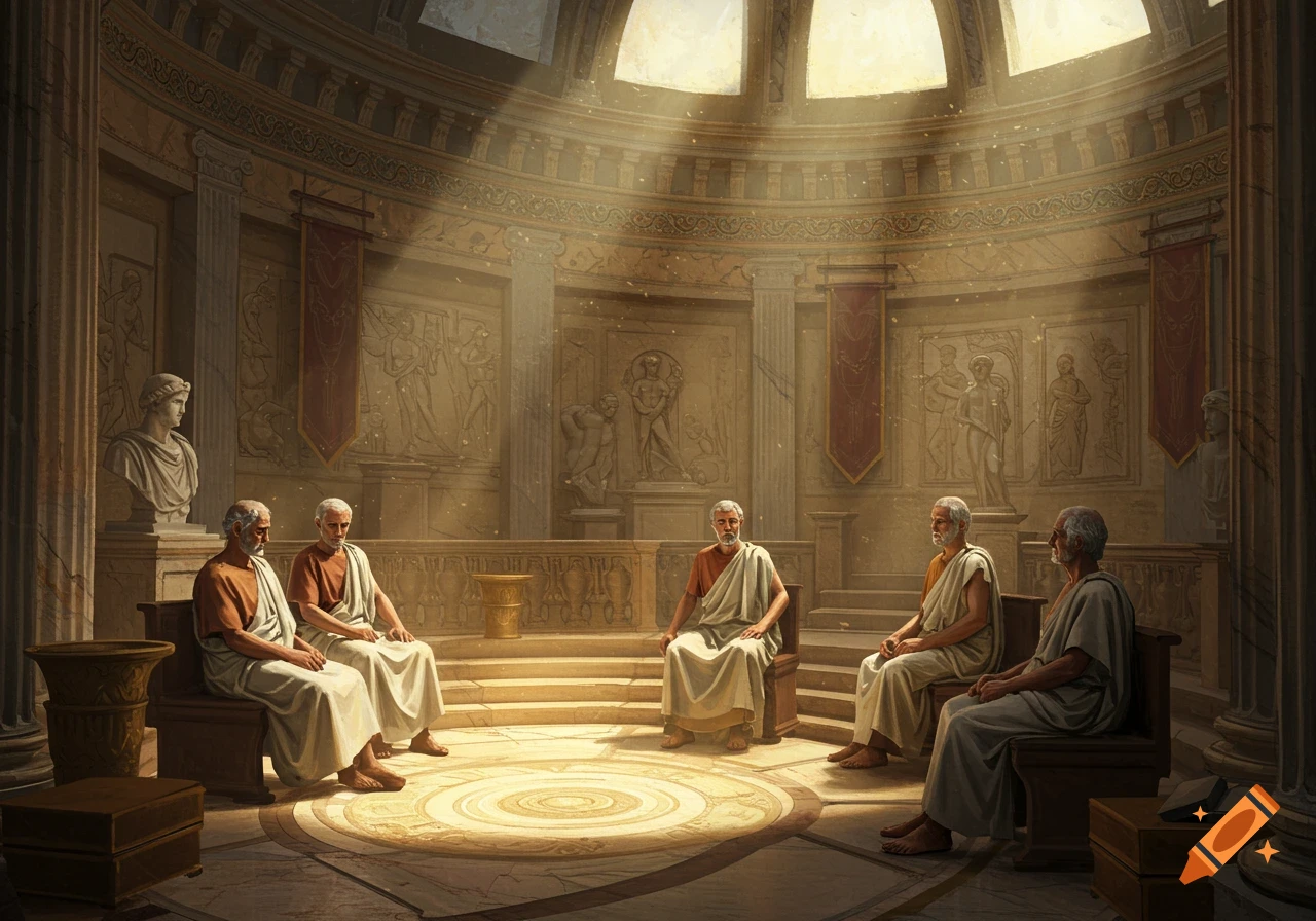 Elderly Greek men in togas sit in a sunlit ancient assembly hall with sculpted walls and pillars.
