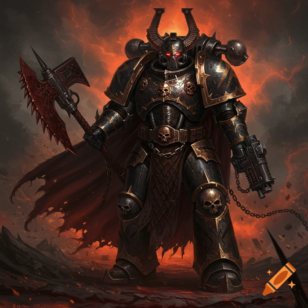 A menacing Chaos Space Marine in black and gold armor, horned helmet with red eyes, holds a chain axe in a fiery landscape.