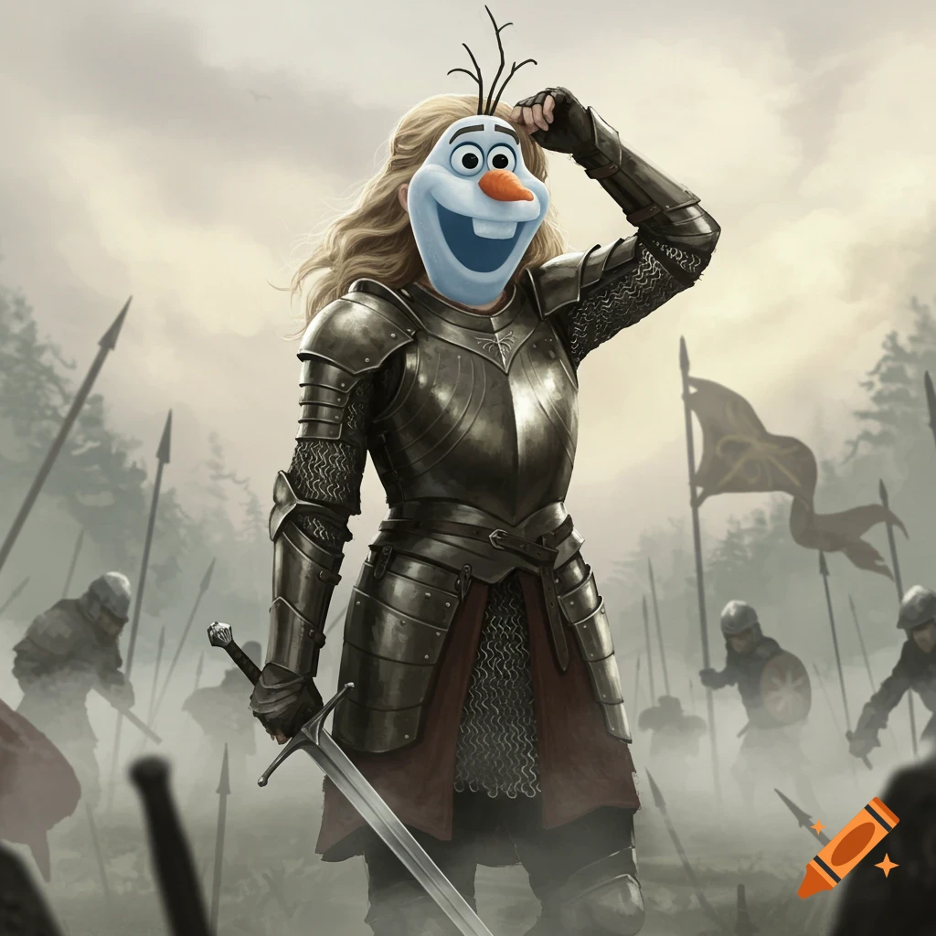 Olaf's cartoon face on a female knight in medieval armor holding a sword on a foggy battlefield.