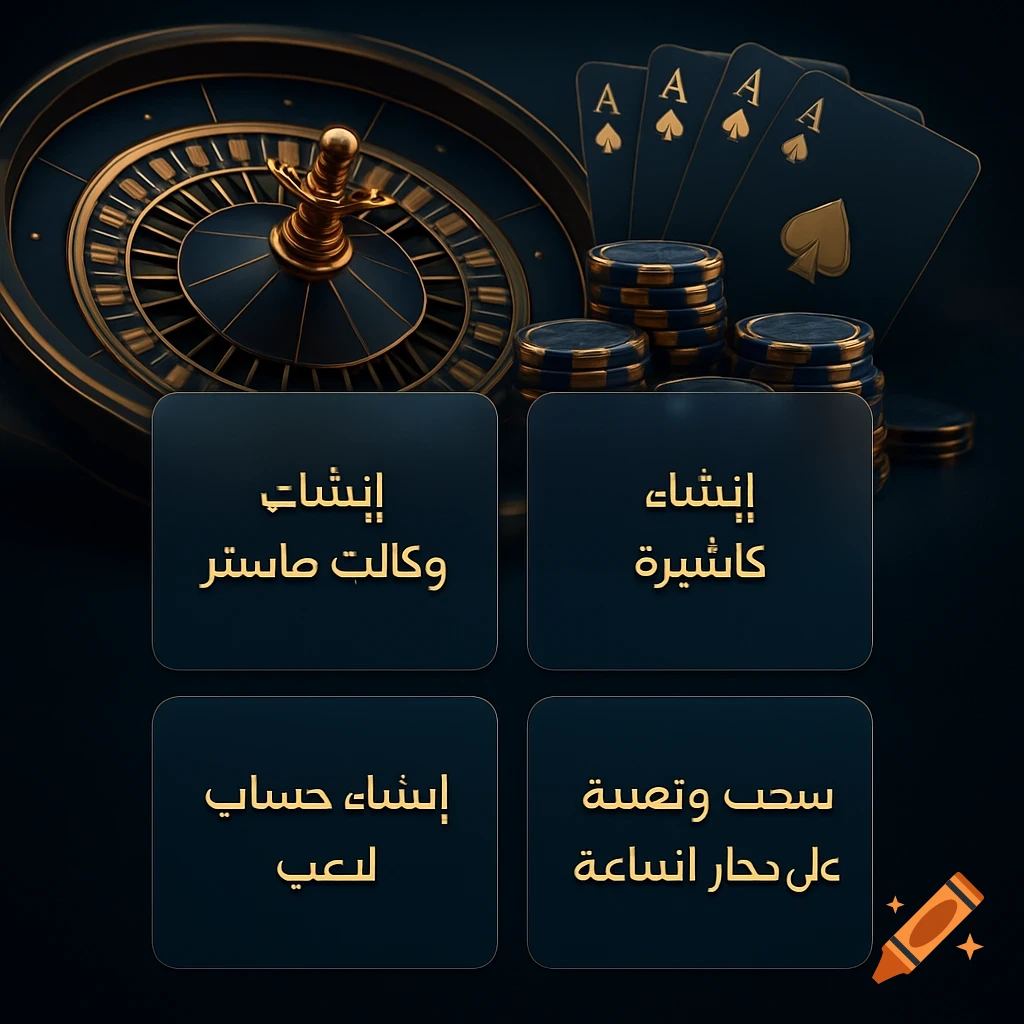 Professional betting and casino website interface design with a roulette wheel, poker chips, and playing cards in the background, featuring four squares with Arabic text.