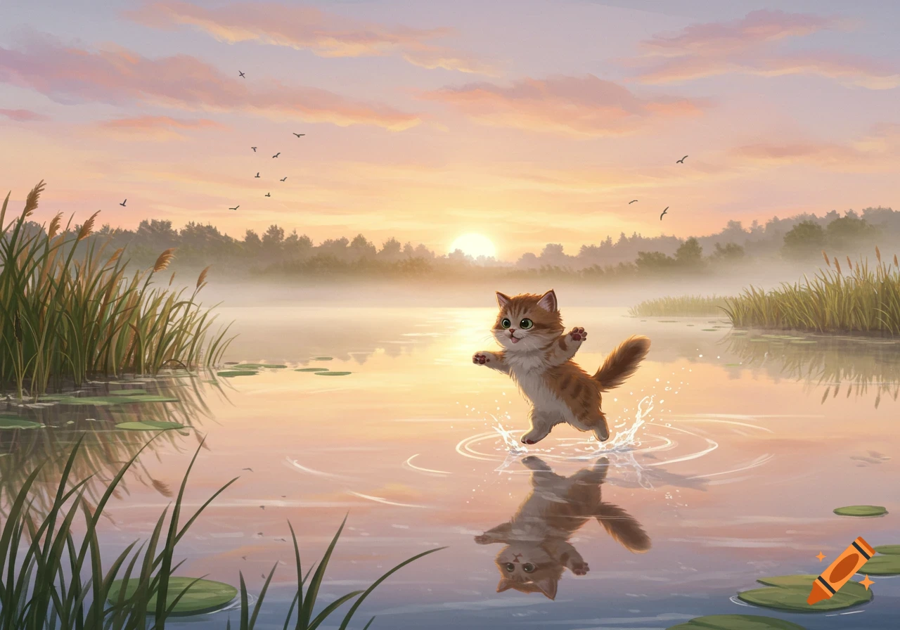 An adorable ginger kitten splashes across a misty lake at sunrise, surrounded by reeds, in a charming illustration.
