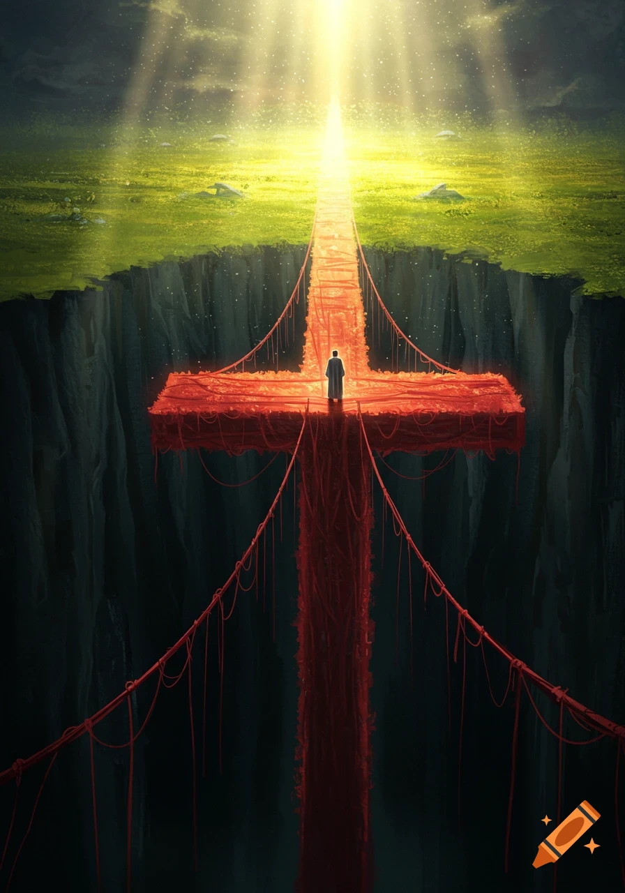 A lone figure stands on a red, organic cross-bridge spanning a dark chasm, leading to a vibrant green land bathed in divine light.