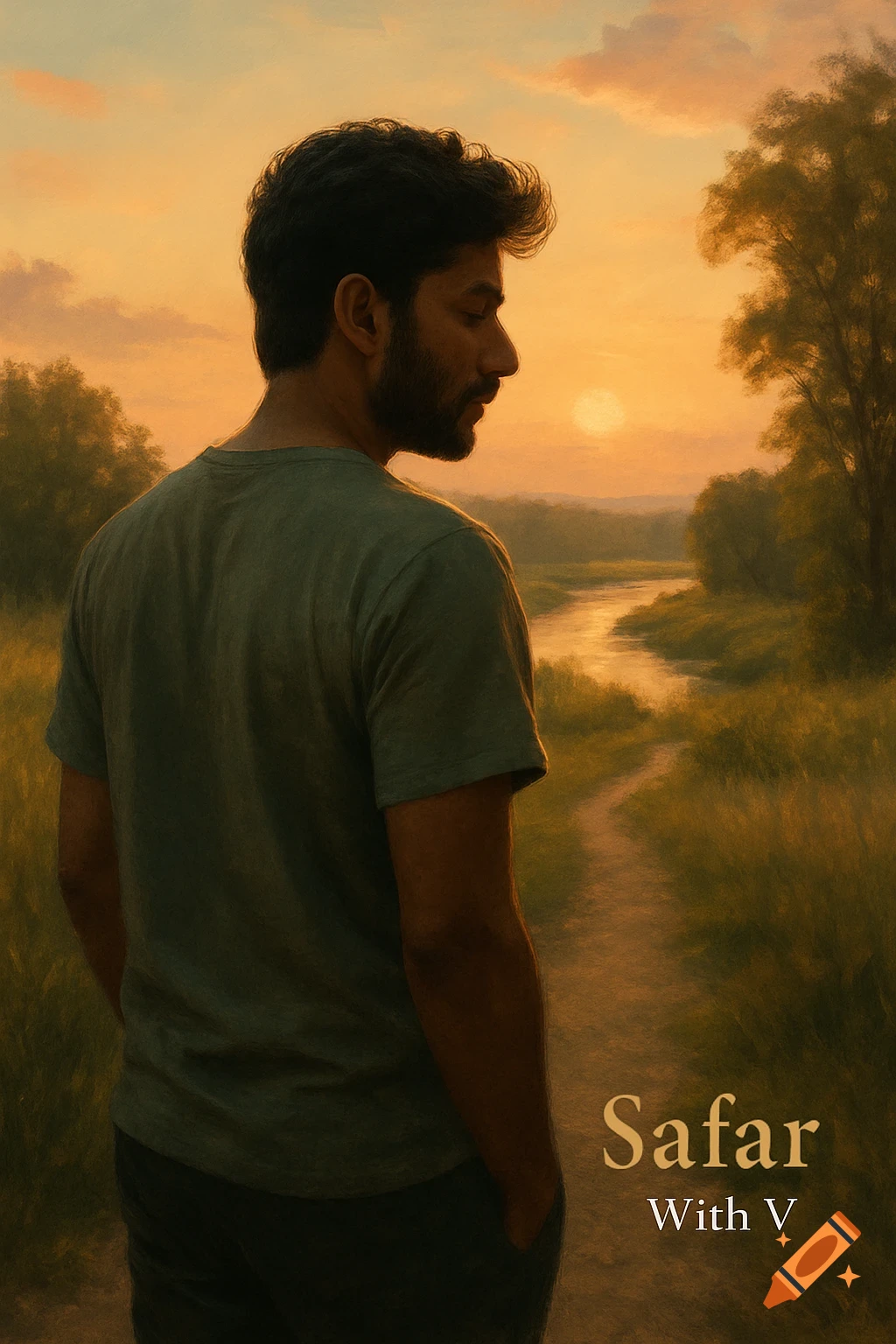 A man with a beard stands on a path, looking towards a golden sunset over a river, with 'Safar With V' text.
