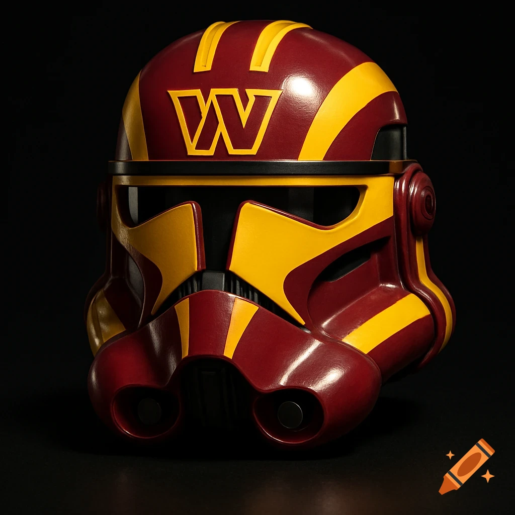 Photorealistic Star Wars clone trooper helmet painted burgundy and yellow with the Washington Commanders 'W' logo on the forehead, against a black background.