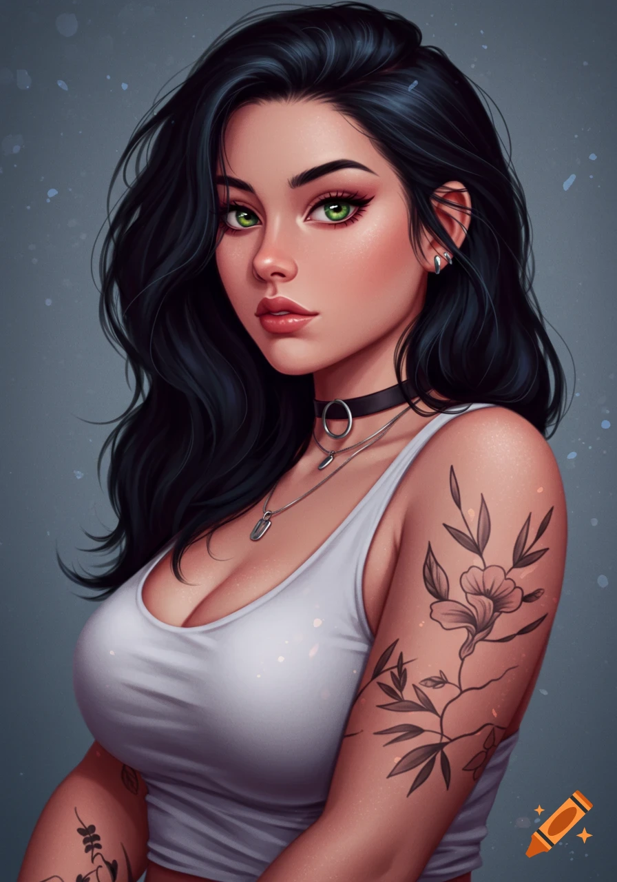 Digital portrait of a young woman with dark wavy hair, green eyes, tattoos on her arms, and a white tank top.