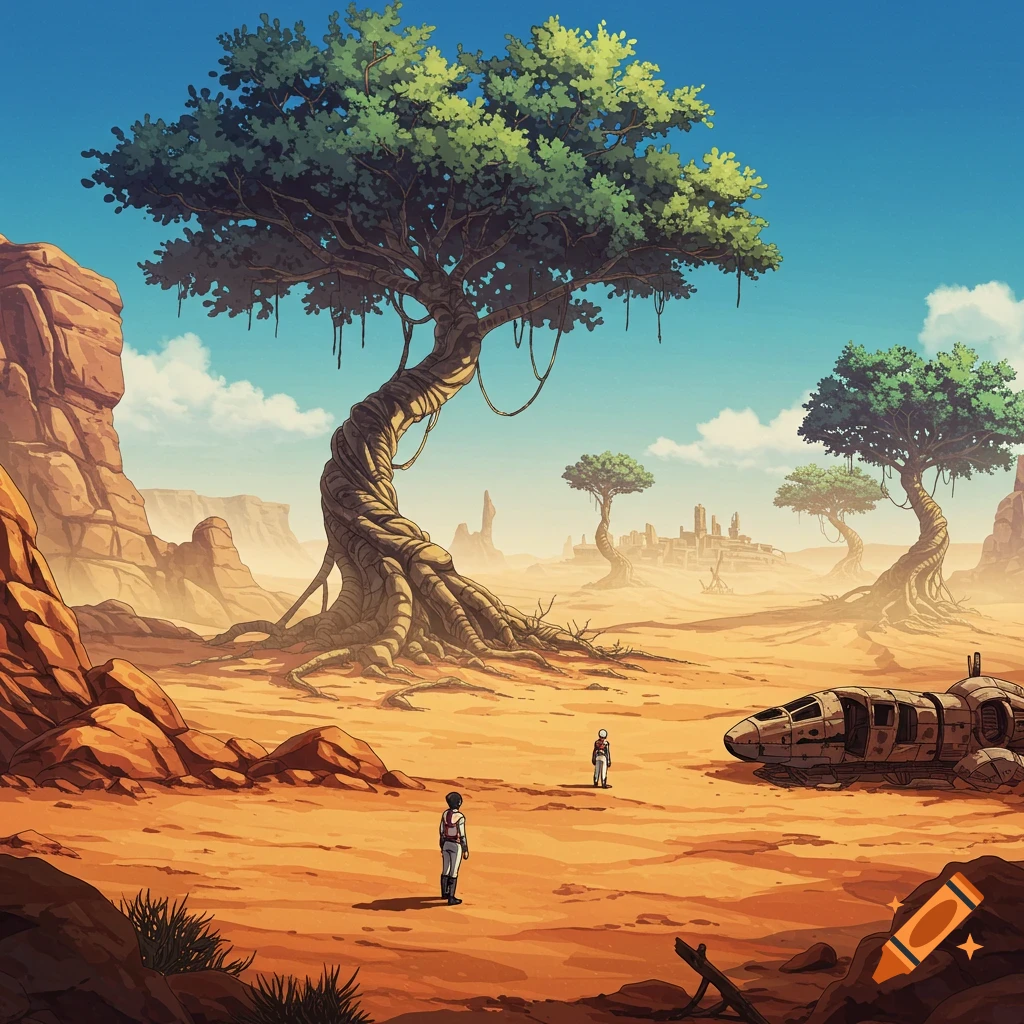 Anime-style desert landscape with a large gnarled tree, two figures, a crashed spaceship, and a distant abandoned town.