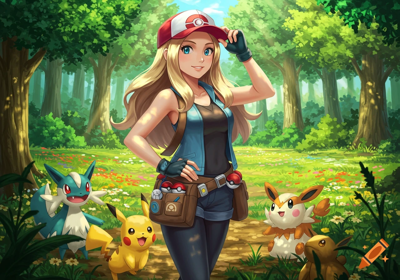 A blonde, blue-eyed Pokemon trainer stands smiling in a forest with Pikachu, a blue aquatic Pokemon, and other small creatures.