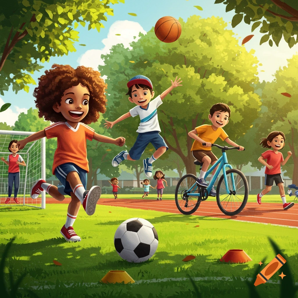 Happy diverse children play soccer, basketball, cycle, and run in a sunny park. Cartoon style.