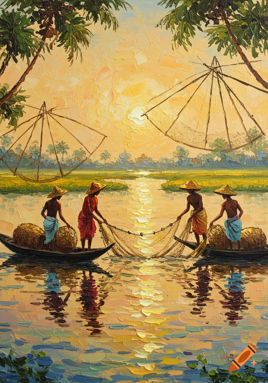 Impasto oil painting of fishermen in boats casting nets on a river at sunset, with palm trees and golden reflections.