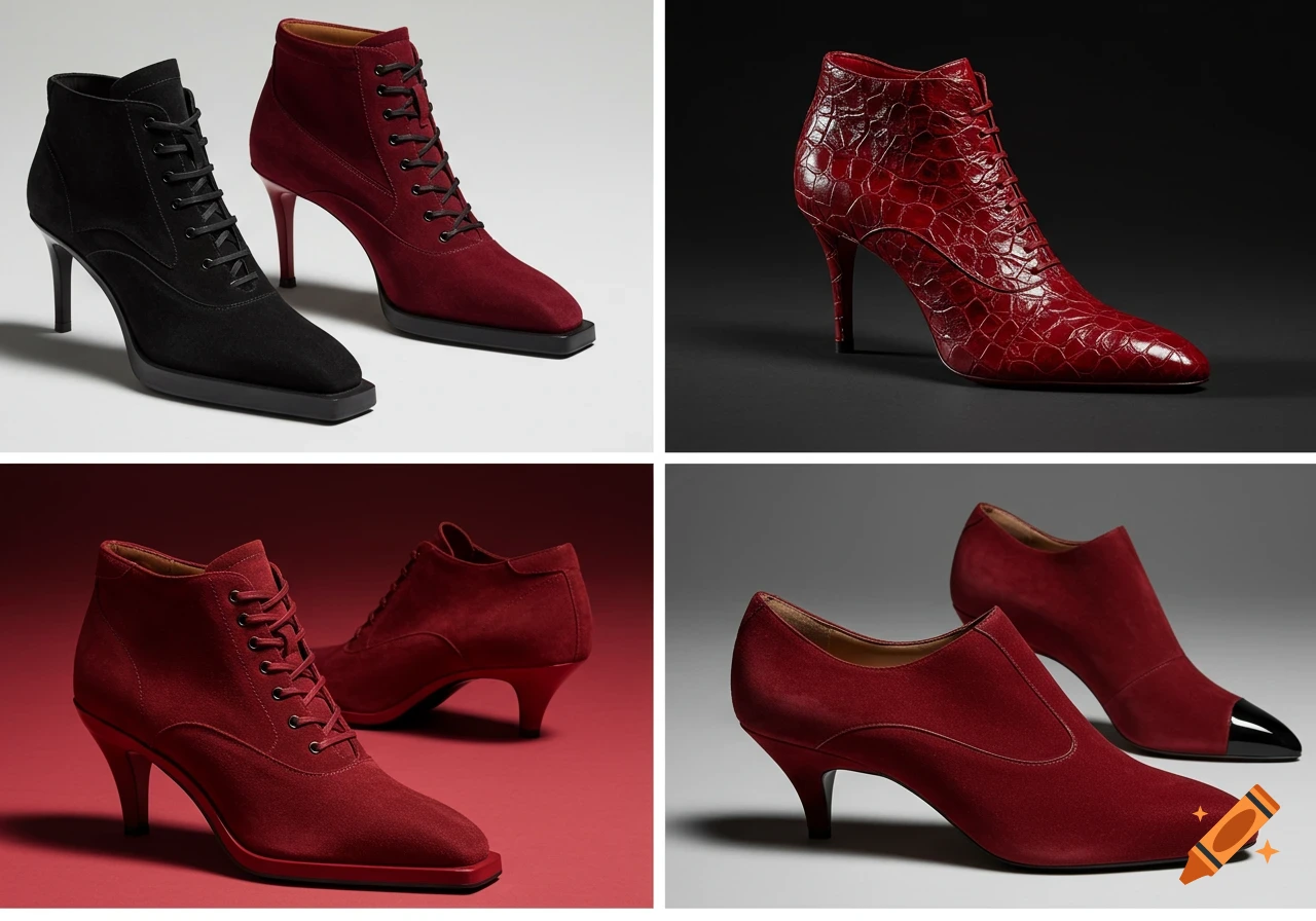 A four-panel image of various red and black women's high-heeled boots and shoes, displaying different materials and styles.