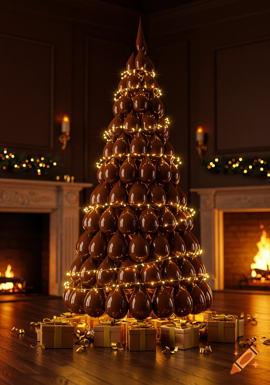 A photorealistic Christmas tree made of brown chocolate drops and string lights, surrounded by gift boxes in a cozy room with a fireplace.