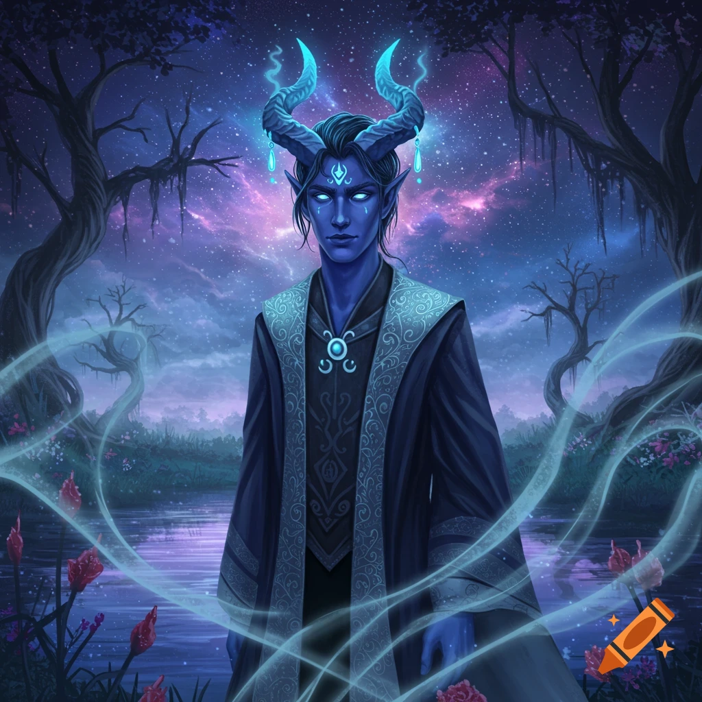A blue-skinned male Tiefling with glowing eyes and horns in a dark robe stands in a magical forest under a starry night sky, with luminous tendrils around him.