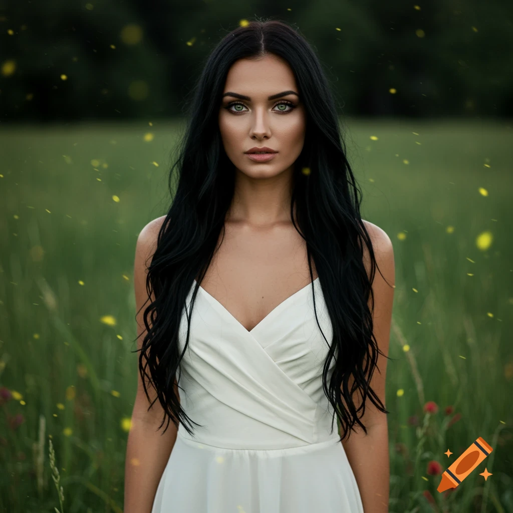 A photorealistic portrait of a woman with long dark hair and green eyes, wearing a white dress, standing in a lush green field with glowing specks.