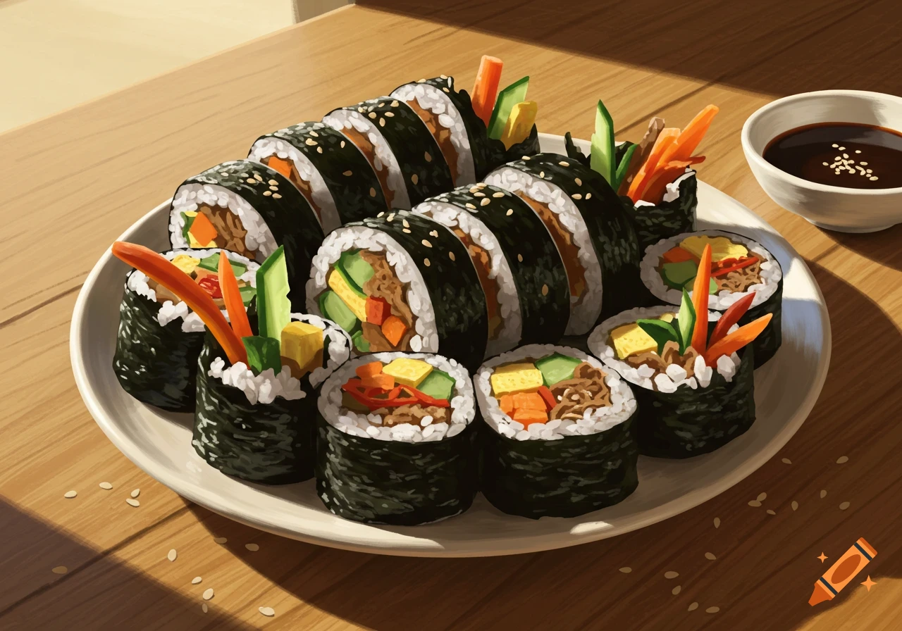 A plate of Kimbap (Korean sushi rolls) with various fillings and a dipping sauce on a wooden table, in an illustrative style.
