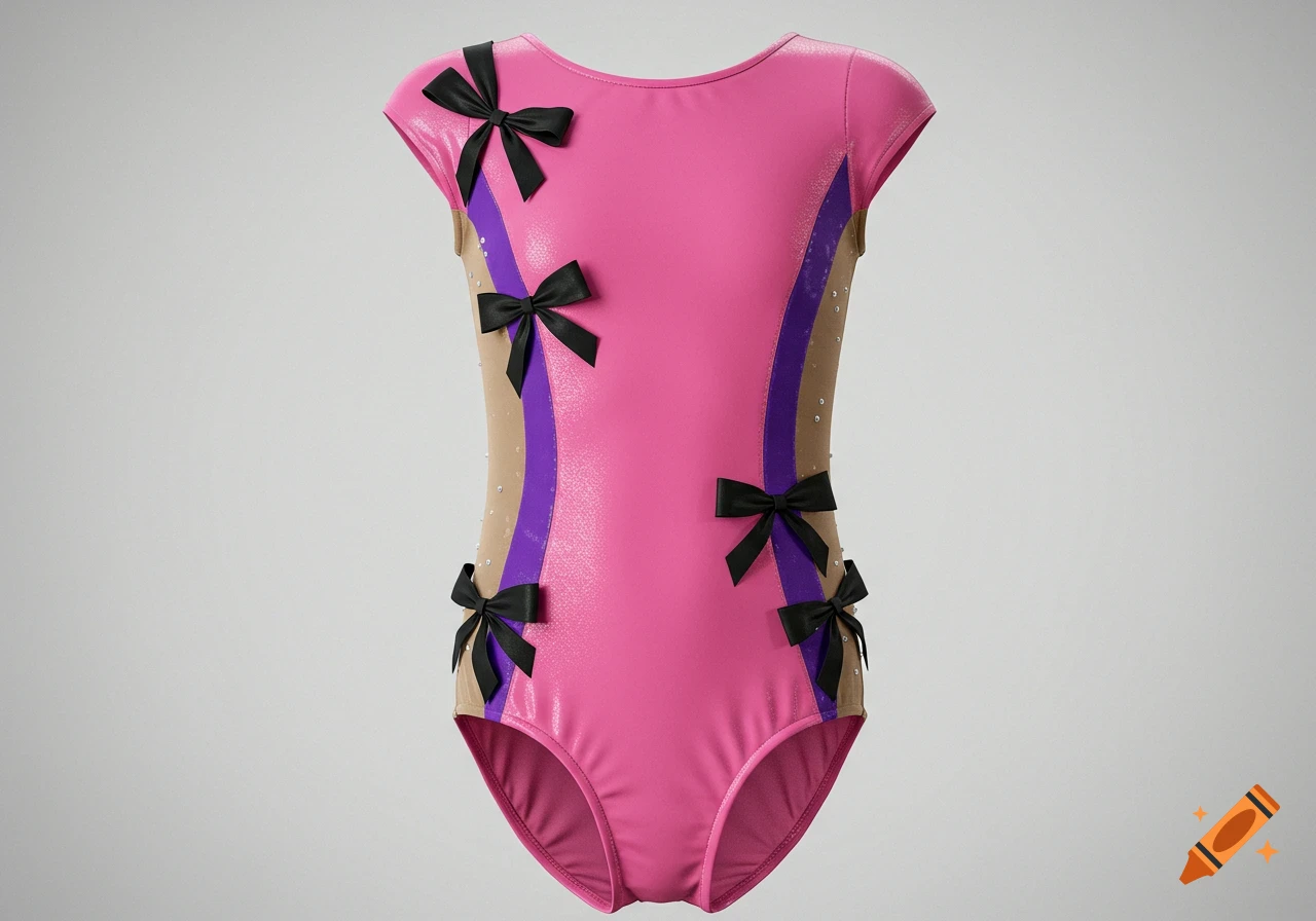 Pink rhythmic gymnastic leotard with purple side panels and black ribbon bows.