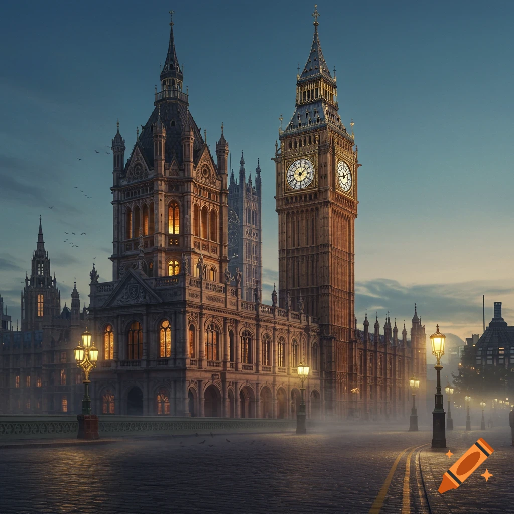 An intricately detailed, stylized Big Ben and Houses of Parliament at dusk, with glowing lights and mist on a London street.