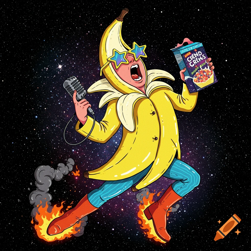 A cartoon banana-man with star sunglasses, a banana peel coat, and flaming boots flies through space, singing into a microphone and holding a box of 'CREND CREMS' cereal.