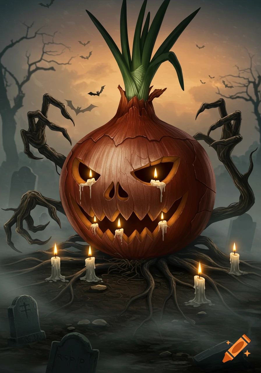 A spooky Halloween illustration of an onion carved like a jack-o'-lantern, with gnarled roots as hands, surrounded by candles, bats, and gravestones in a misty graveyard.