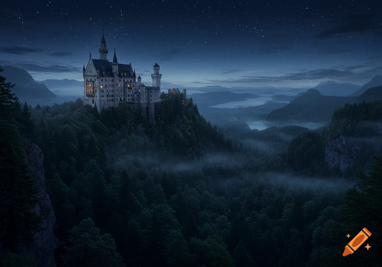 A grand castle sits atop a cliff, surrounded by dark forests, misty mountains, and lakes under a starry night sky. Photorealistic.