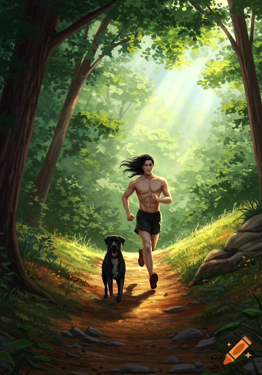 A shirtless man with long black hair runs on a sunlit forest path with a black dog, illustration.