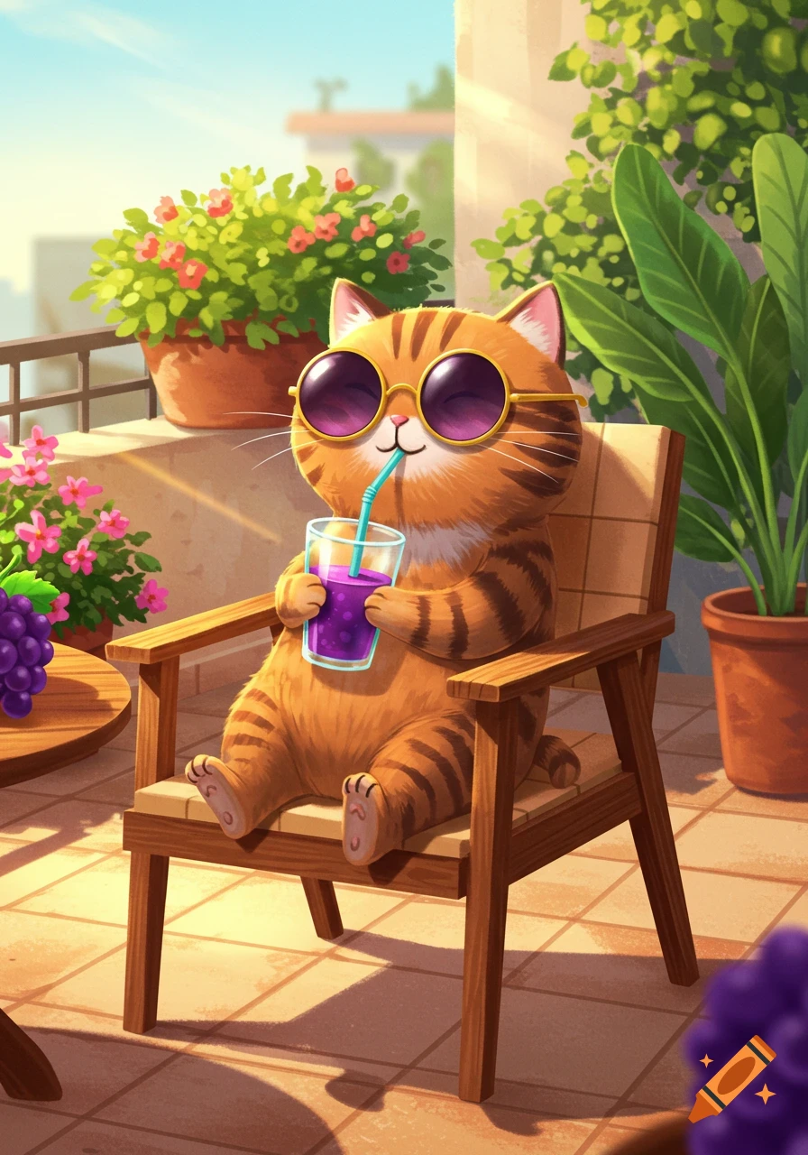 Cute cartoon tabby cat wearing sunglasses, sitting on a balcony chair and drinking purple juice with a straw. Sunny digital illustration.