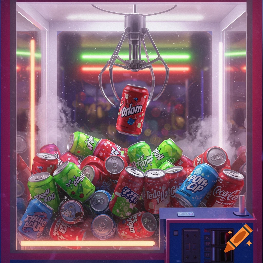A photorealistic image of a claw machine filled with brightly colored soda cans, with the claw grasping a red can.