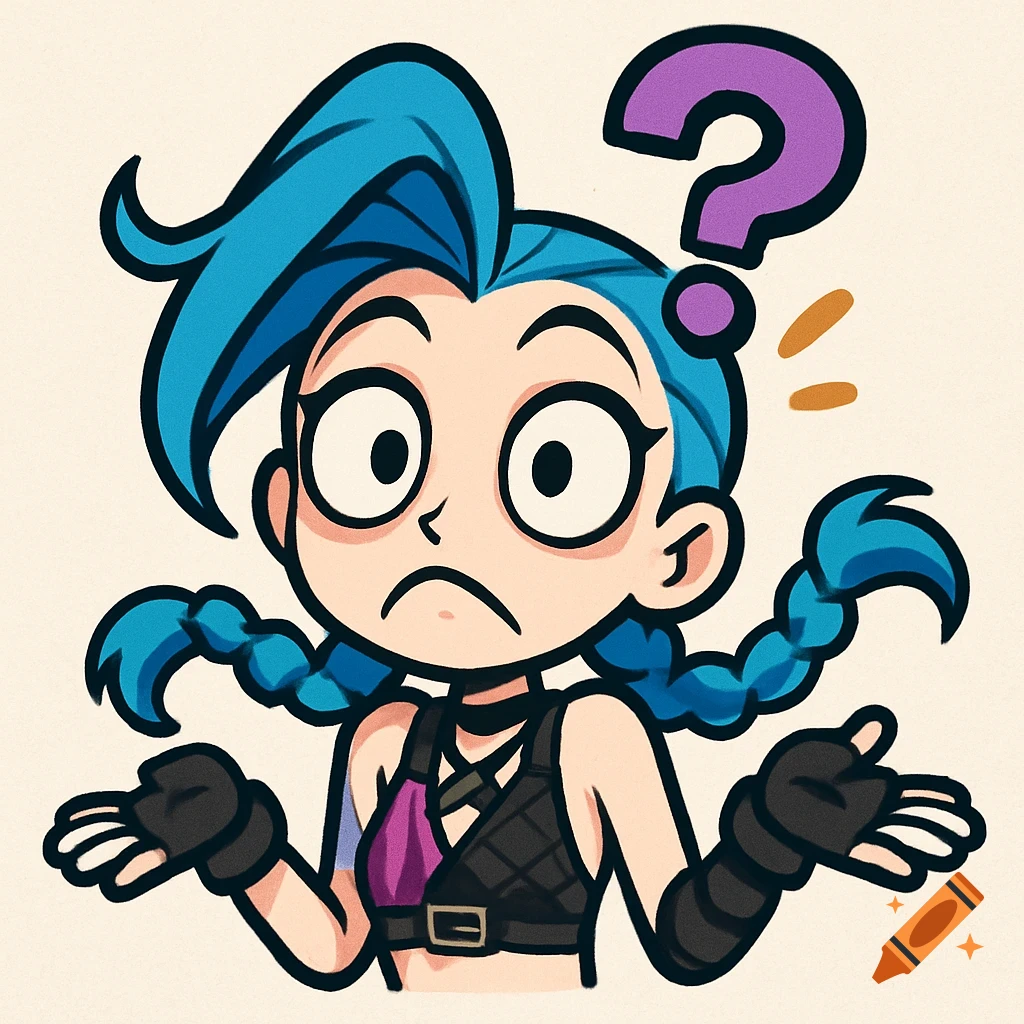 Cartoon Jinx from League of Legends looking confused with wide eyes and arms out, a purple question mark above her head. Styled as a Twitch emote.