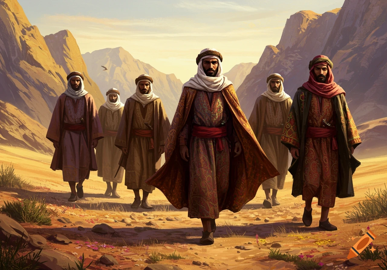 Men in traditional desert robes walk through an arid mountain landscape under a bright sky, in a painterly style.