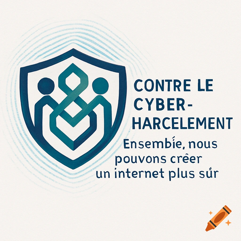 A logo for fighting cyberbullying, featuring a shield with two stylized figures, one on each side, connected by an intertwined symbol in the center. Text reads "CONTRE LE CYBER-HARCELEMENT Ensemble, nous pouvons créer un internet plus sûr".