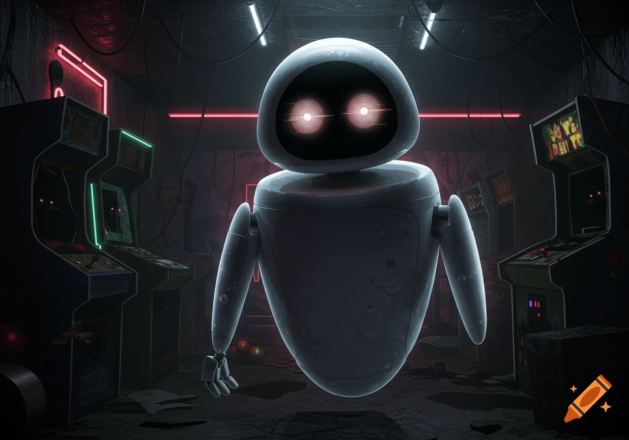 EVE robot in a dark, neon-lit abandoned arcade with glowing red eyes, in a gritty FNAF style.