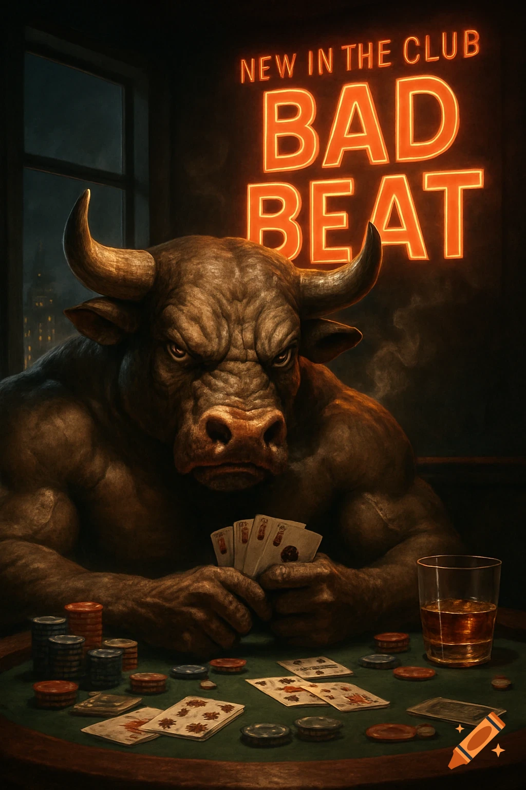 A muscular, angry bull sits at a poker table, holding cards, with neon text 'NEW IN THE CLUB BAD BEAT' above it.