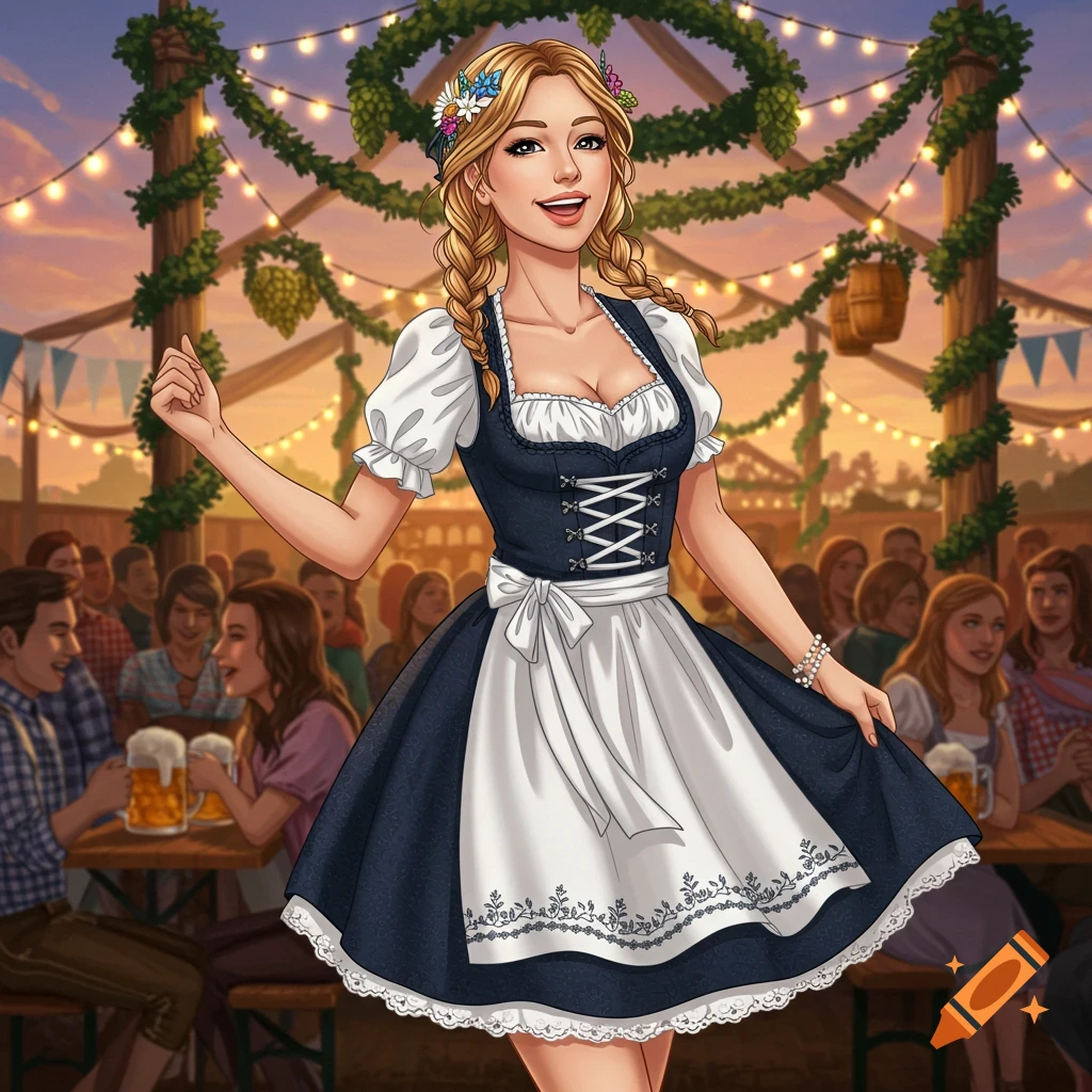 An illustrated smiling blonde woman in a dirndl, with braided hair and flowers, at an Oktoberfest festival.