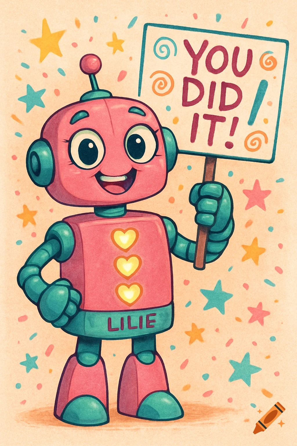 A friendly pink and teal cartoon robot named Lilie holding a sign that says 'You did it!' amidst confetti and stars.