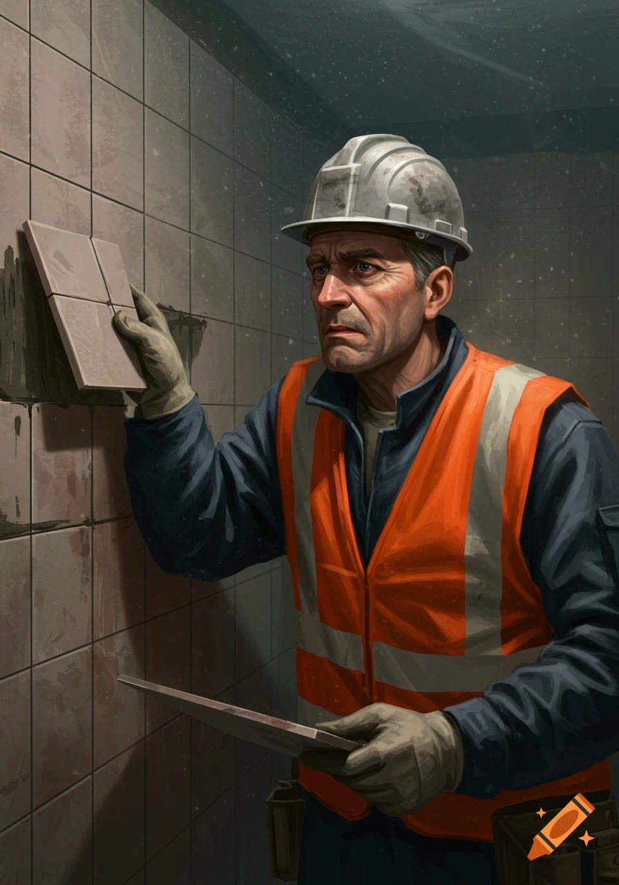 A frowning construction worker in a hard hat and orange vest installs crooked tiles on a wall.