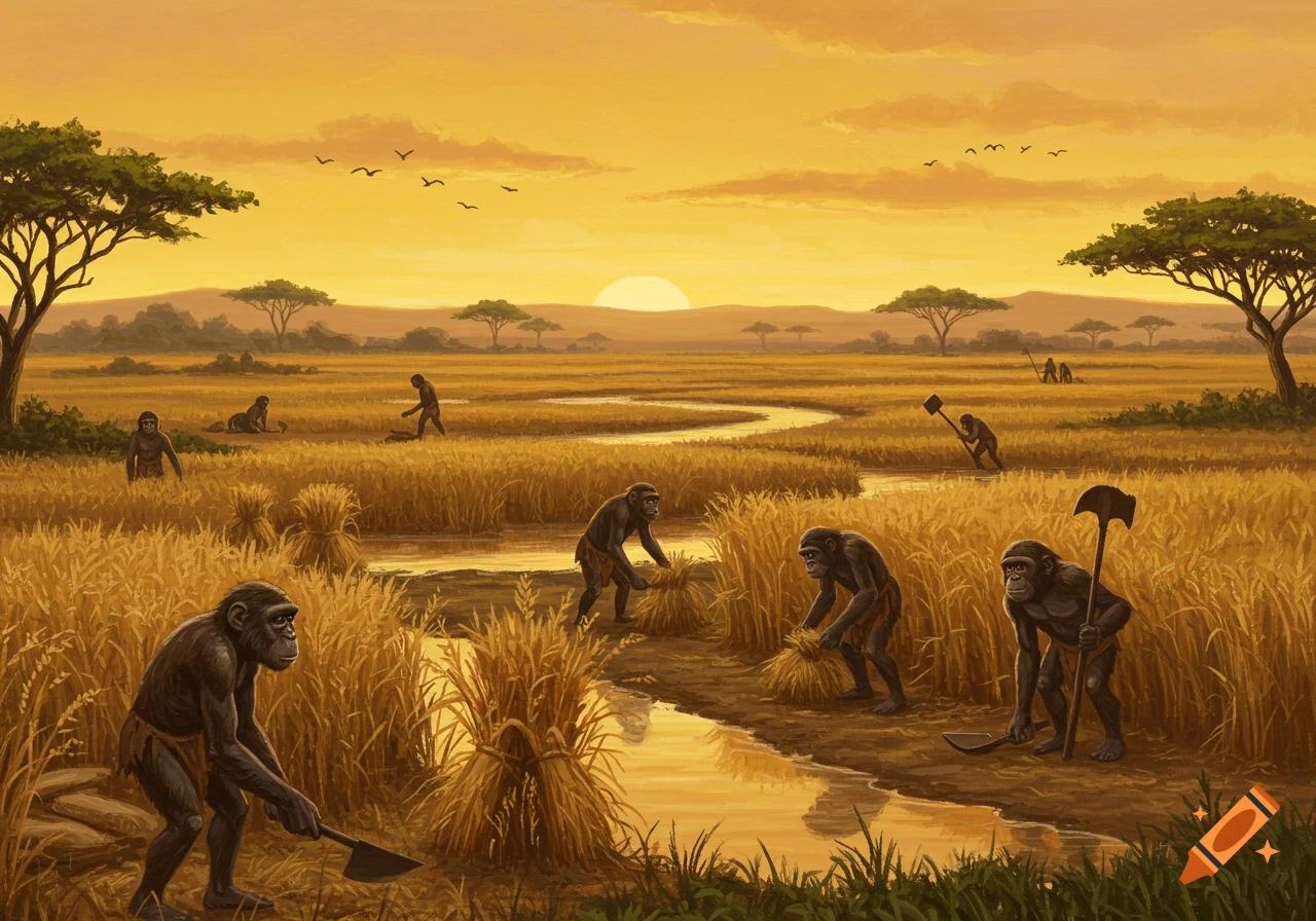 19th-century style painting of Australopithecus figures farming in a golden savanna landscape at sunset with a winding stream.