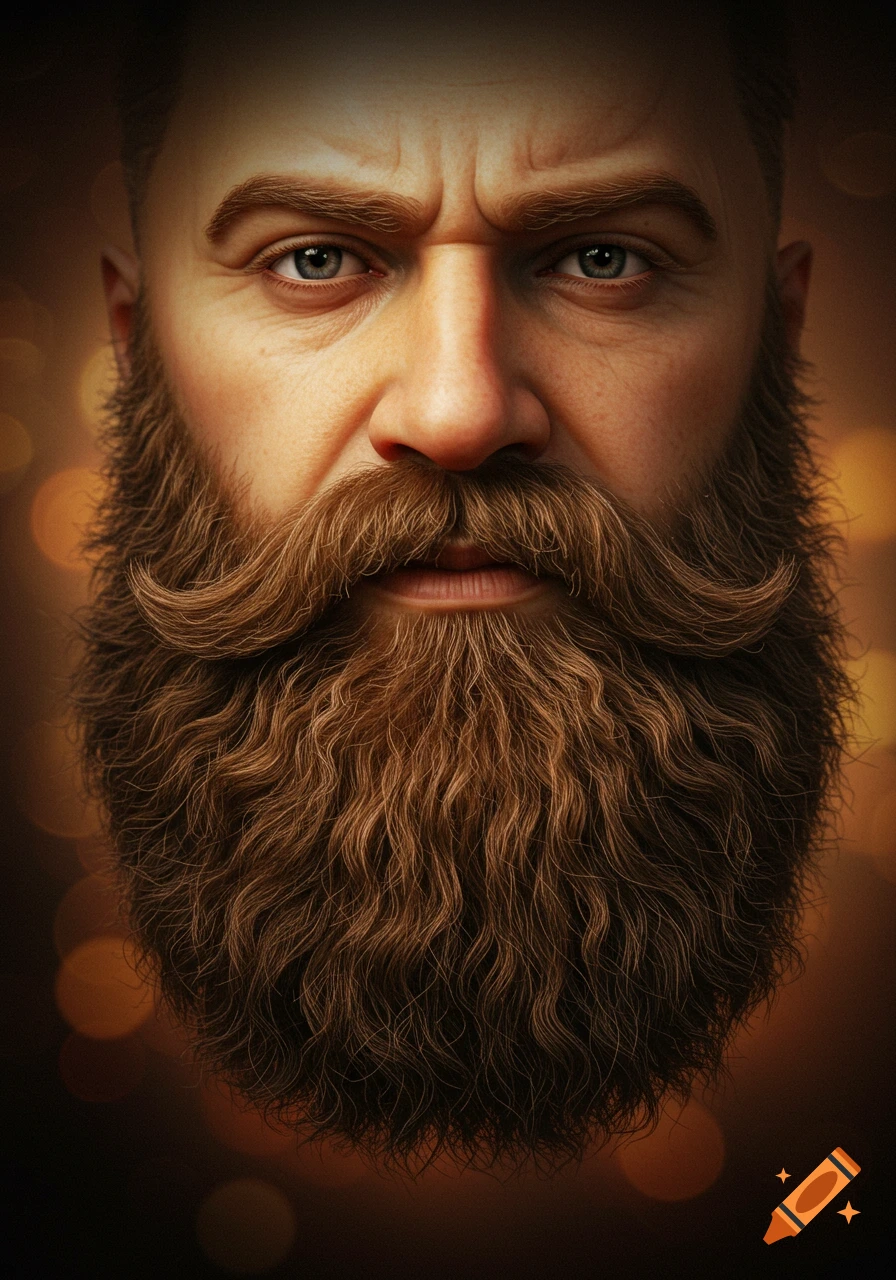 Close-up photorealistic portrait of a serious man with a full brown beard and handlebar mustache, against a bokeh background.