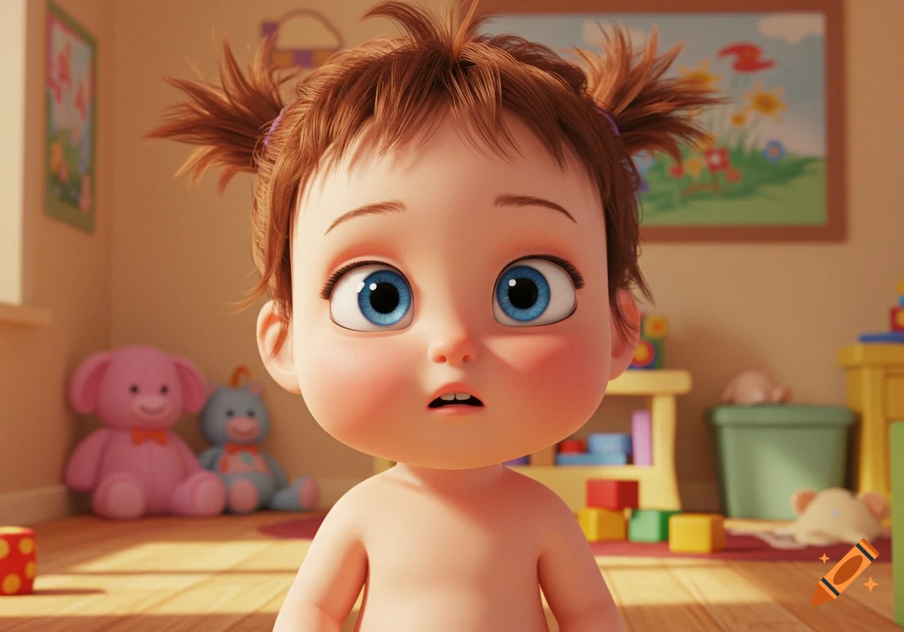 A Pixar-inspired cartoon of a baby with brown hair and big blue eyes, standing in a brightly lit children's room with toys.