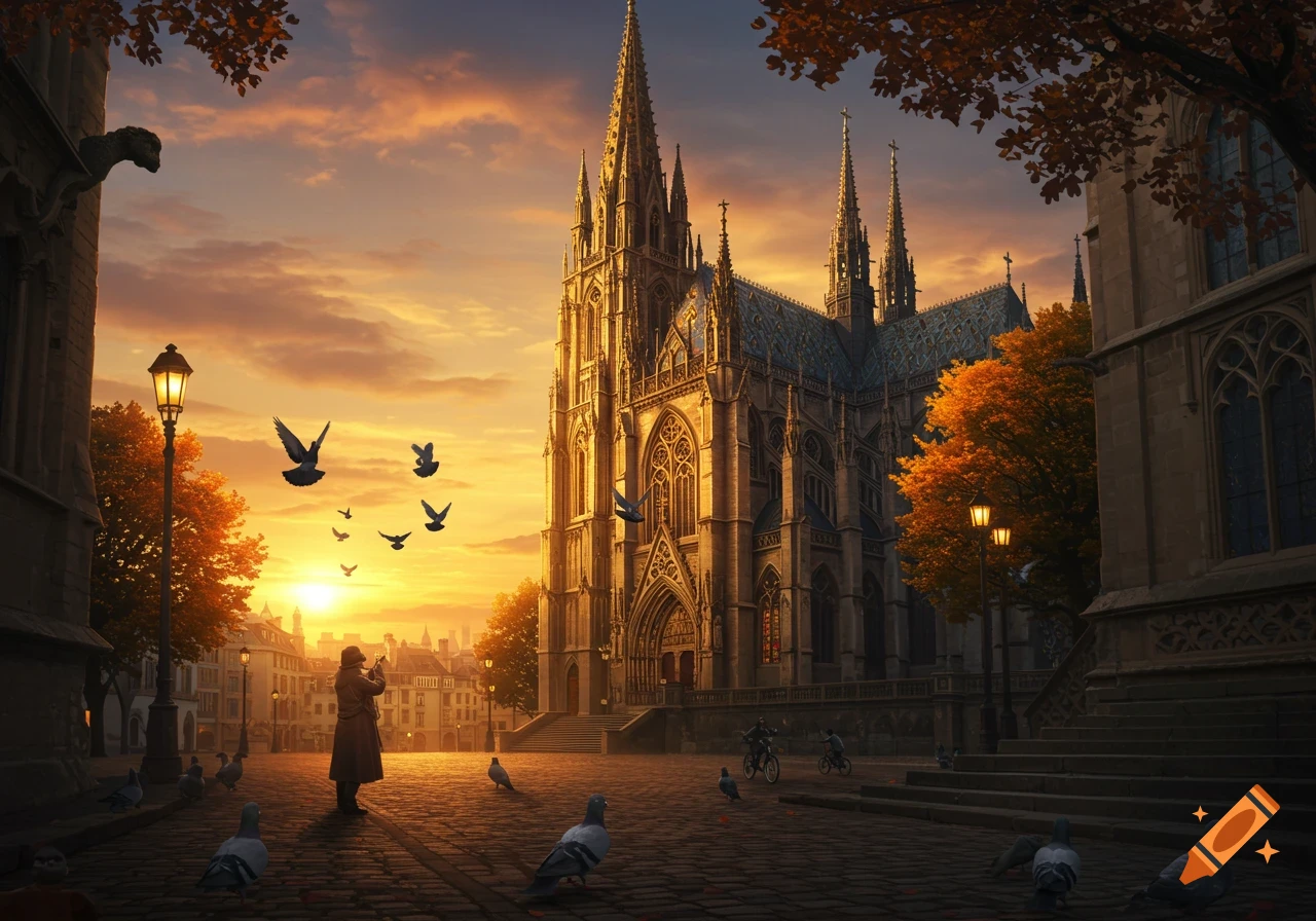 A grand Gothic cathedral dominates a city square at sunset, with a person surrounded by pigeons and distant cyclists. Photorealistic.