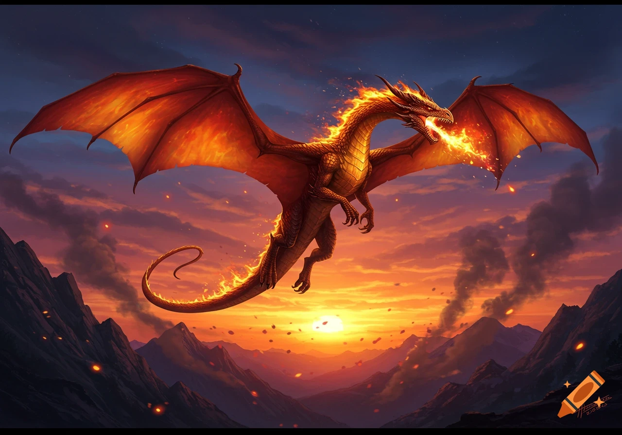A majestic fire dragon flies over jagged mountains at sunset, breathing fire.