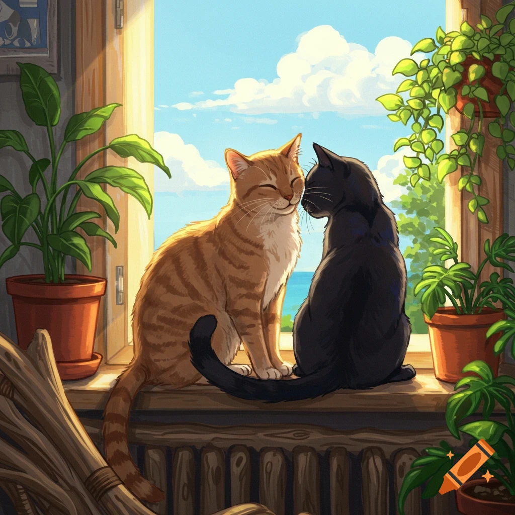 An illustrated scene of an orange tabby cat and a black cat cuddling on a sunny window sill, surrounded by potted plants, with an ocean view.