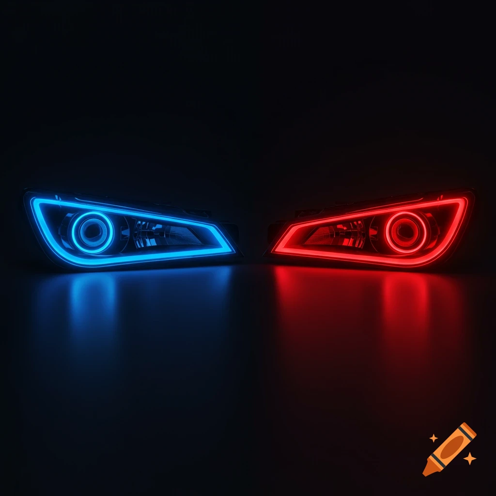 Two glowing car headlights, one blue and one red, against a dark background, reflecting on a glossy surface.